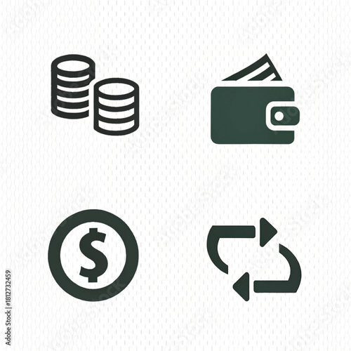 Set of four simple monochrome financial icons: stacked coins, wallet, dollar symbol, and transfer arrows.