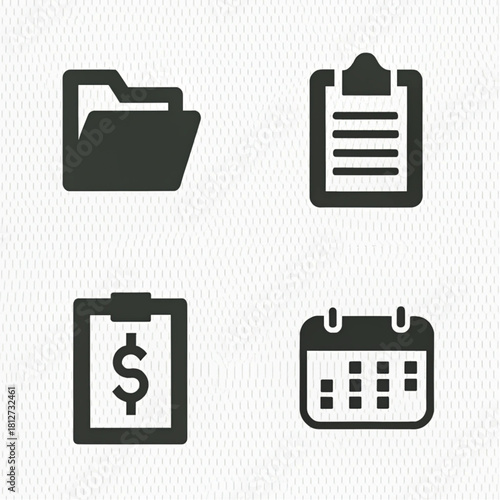 Flat dark grey business and office icon set: folder, clipboard, financial report, and calendar.