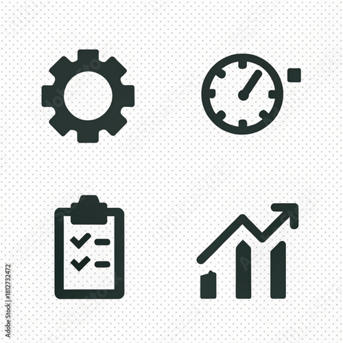 Flat monochrome business and productivity icons set featuring a gear, timer, checklist, and growth chart.