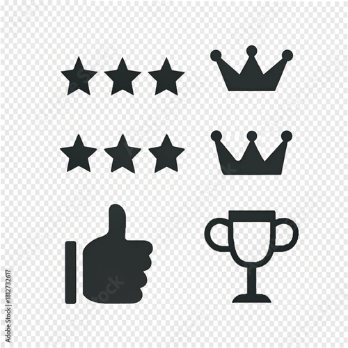 Set of black silhouette icons for rating and achievement, featuring stars, crowns, a trophy, and a thumbs-up like symbol.