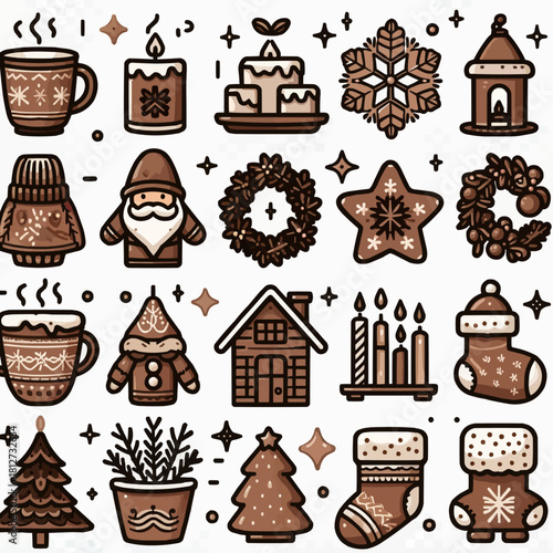 Christmas-themed illustrations with gingerbread, ornaments, and snowfall  