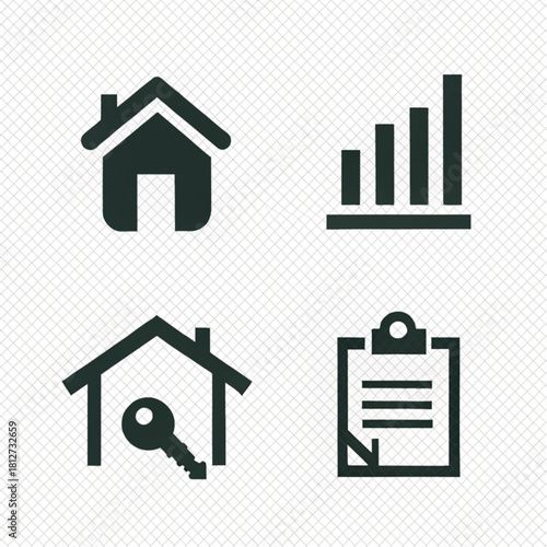 Solid black flat design icon set featuring a house, growth bar chart, property key, and clipboard.