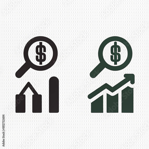 Set of two flat financial analysis icons with magnifying glass, dollar sign, and growth charts.