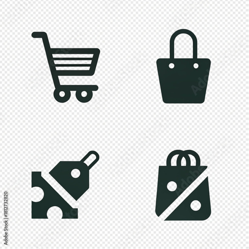 Flat black vector icon set for e-commerce and retail: shopping cart, tote bag, price tag, and gift bag.