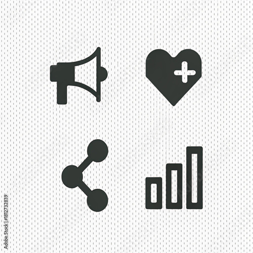 A set of four dark grey flat glyph icons for web and mobile interfaces, including a megaphone, heart, share symbol, and bar chart.