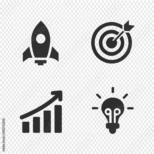 Set of four solid black business startup icons: a rocket ship, a target with an arrow, a growth chart, and an idea lightbulb.