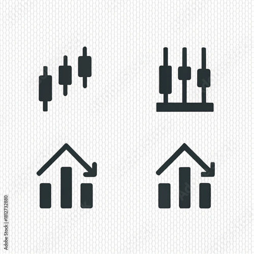 A set of four minimalist black glyph icons depicting financial candlestick charts and bar graphs with a downward trend arrow.