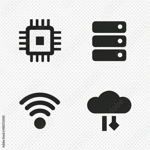 A set of four black flat technology icons showing a CPU, server rack, Wi-Fi signal, and cloud download symbol.