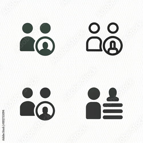 Set of four monochrome user group icons in solid and outline styles, depicting team, selection, and user profiles.