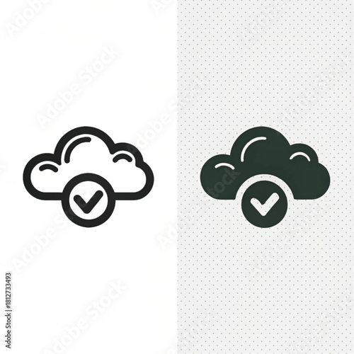 Set of cloud computing icons with a checkmark, showing successful sync in both black line art and solid glyph styles.