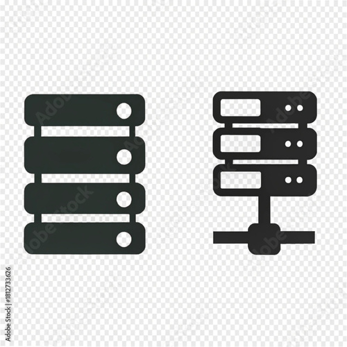 A set of two flat, dark grey server rack icons representing data storage and network connection.