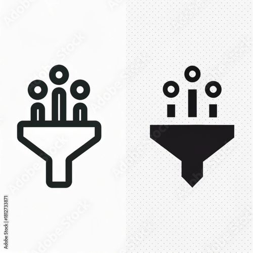 Set of minimalist sales funnel icons with stylized people, presented in both line art and solid glyph styles.
