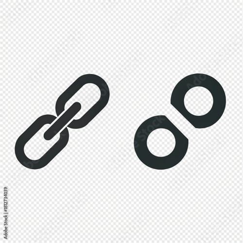Set of two minimalist black icons depicting a connected chain link and a separate, broken link symbol.
