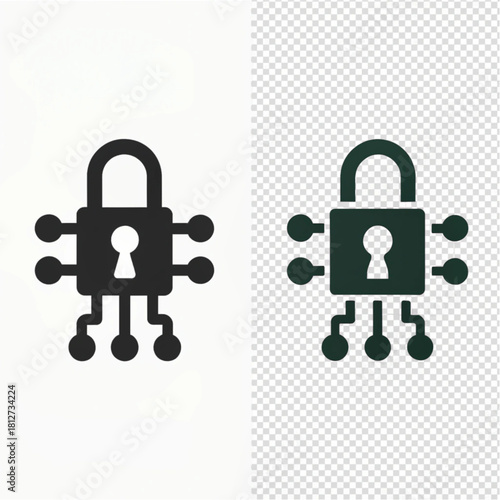 Solid black cybersecurity padlock icon with integrated circuit board nodes and a keyhole.