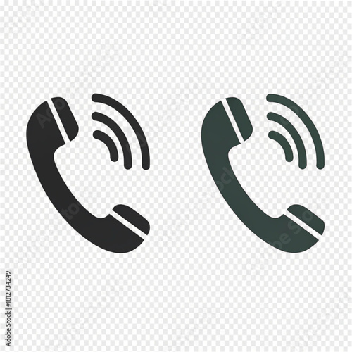 Vector graphic set of two ringing telephone receiver icons, in solid black and dark gray-green color variations.
