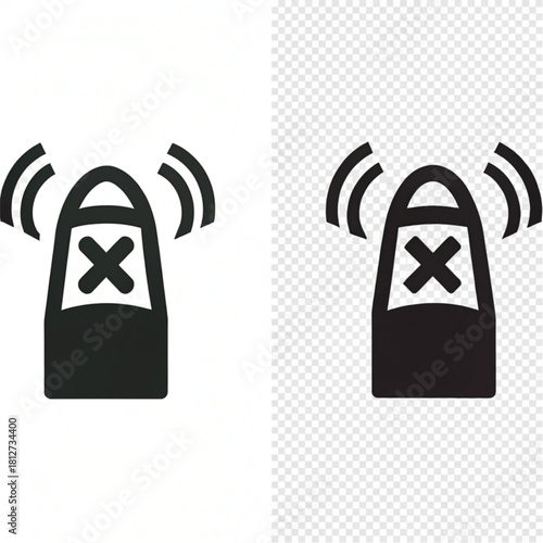 Flat black glyph icon of a disabled beacon with a cross mark, indicating no signal or a muted alert.