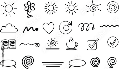 Hand drawn doodle elements set with sun flower heart and speech bubbles