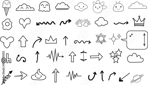 Hand drawn doodle elements collection with arrows clouds and crowns