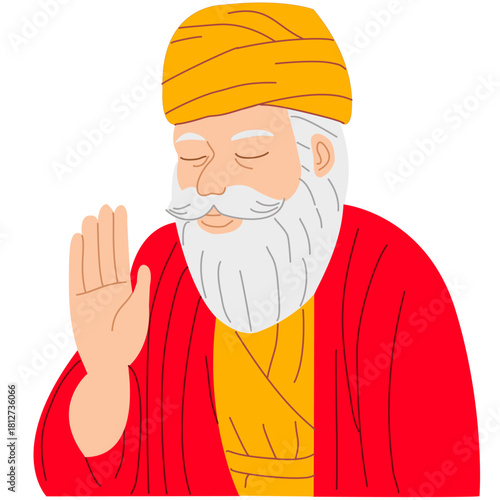 line art illustration depicting a revered figure, Guru Nanak Dev Ji, the founder of Sikhism. The style is simple, clean, symbolizing devotion, wisdom, and Punjabi culture.