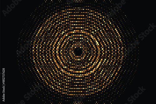 Golden halftone radiant concentric circle pattern with shimmering dotted light texture creating an elegant abstract design ideal for luxury themed backgrounds modern artwork and luminous decorative co