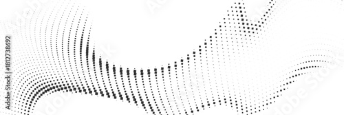 Wide sweeping halftone wave composed of densely arranged black dots forming a dramatic curved motion across a white background creating an expressive abstract graphic ideal for stylish layouts