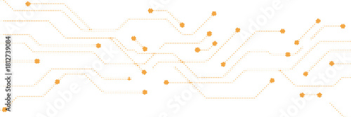 Modern abstract orange circuit network pattern with halftone dotted connections creating a warm futuristic technology background ideal for digital innovation and electronic design visuals