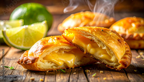 Pastel frito de queijo com recheio derretido em mesa rústica