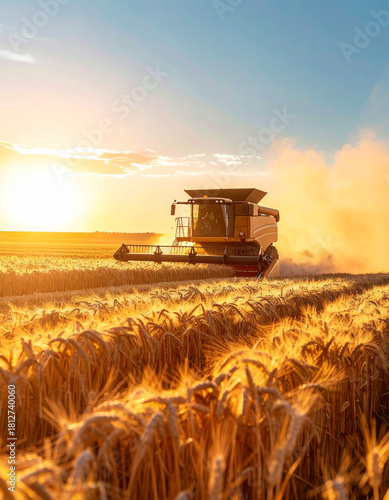 Colheitadeira em lavoura de trigo ao pôr do sol
