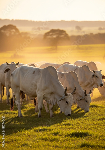 Gado nelore branco pastando em campo verde ao pôr do sol