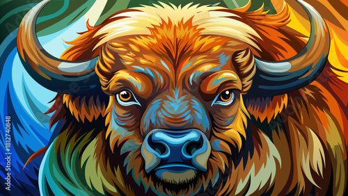 Very beautiful  Close-up portrait watercolor Big Bison Buffalo , power animal wildlife , strong