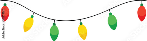 Festive Multicolor Hanging Lights A string of lights with red, green, and yellow bulbs hangs from.