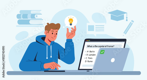 Male student getting the correct answer on an online multiple-choice quiz or exam while experiencing a moment of realization.