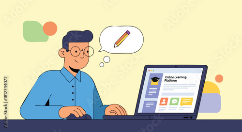 Male student or user accessing an online learning platform dashboard on a laptop with thoughts about educational writing and note-taking.