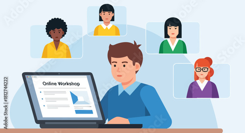 Male participant attending an online workshop or webinar, viewing content on a laptop while connected with diverse remote attendees.