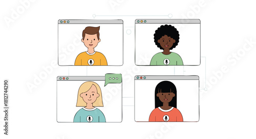 Four diverse individuals communicating in a group video conference or online meeting with active microphone indicators.