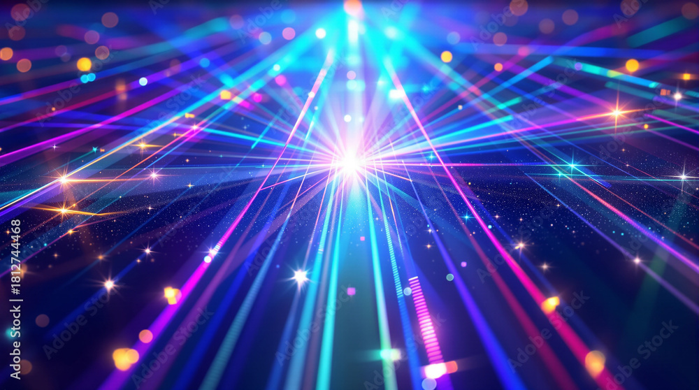 Obraz premium Abstract laser light burst with neon beams and glowing particles, futuristic energy explosion visual effect, vibrant blue and purple sci-fi background
