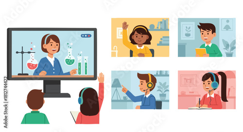 Diverse students participating actively in an interactive virtual science class with a female teacher demonstrating a chemistry lesson.