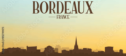 Panoramic poster of the city skyline with misty background buildings, hills sunrise, sunset and clouds of BORDEAUX, FRANCE