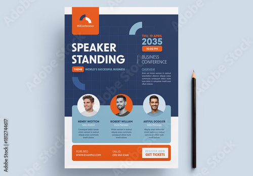 Business Conference Flyer Layout with Blue and Orange Accents
