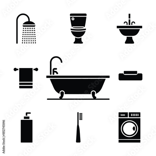 Simple bathroom fixtures and accessories displayed in a minimalist black and white design