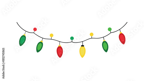 Festive Multicolor Hanging Lights A string of lights with red, green, and yellow bulbs hangs from.