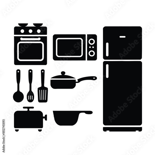 Black silhouette icons depicting kitchen appliances and cooking utensils