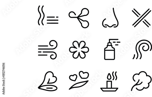 Set of Fragrance Icons Aroma Therapy and Smell Symbols Line Style for Diffuser Perfume Candle Freshness Flower Air Conditioner and Deodorant Collection Isolated Vector Illustration