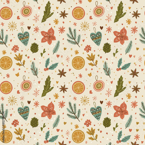Cozy Folk-Art Botanical Pattern Vintage Scandinavian Style, Pine, Holly & Amaryllis Motifs, Textured Gouache Look on Cream, Seamless Tileable SVGVector Artwork.