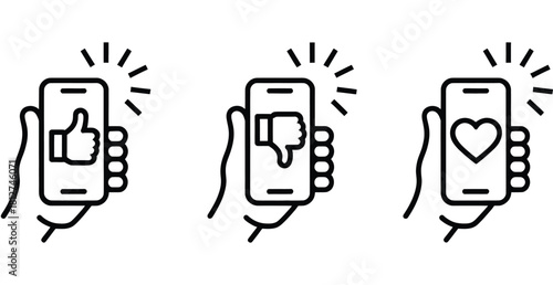 Social Media Engagement Icons Featuring Thumbs Up Thumbs Down and Heart Symbol on Smartphone Screen Representing Likes Dislikes and Positive Reactions Vector