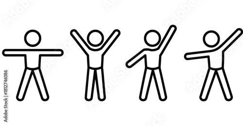 Stick Figure Stretching Exercises Pictogram Set Simple Human Silhouette Warming up with Arms up and Legs Apart Workout Fitness Training Sport Activity Vector Illustration