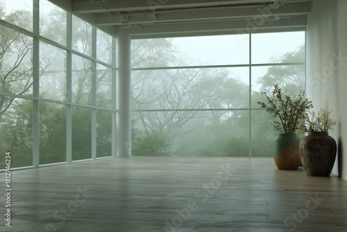 Modern Room With Large Windows Overlooking Foggy Trees in a Serene Setting
