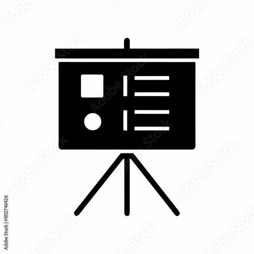 White presentation board icon on a tripod stand with a subtle chart and text.
