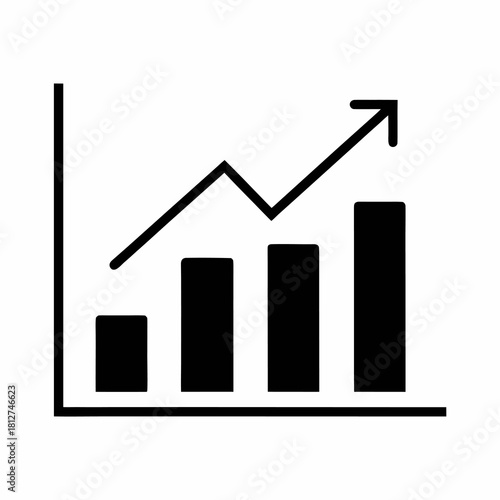 Clean White Bar Chart Icon with Upward Arrow Line Graph Symbolizing Progress.