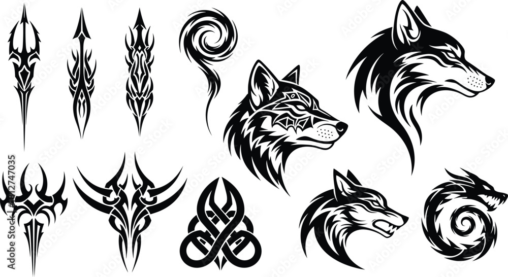 Obraz premium Collection of black and white tribal style tattoo designs
